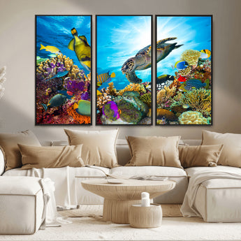 44772-MGV-FC-48X32-3P_Black-Underwater Sea Turtle Wall Art – Vibrant Coral Reef and Tropical Fish Canvas Print, Ocean Marine Life Decor for Living Room,