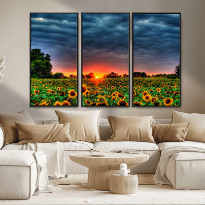 45045-MGV-CV-36X24-Sunflower Field Sunset Wall Art – Dramatic Stormy Sky Landscape Print, Vibrant Yellow Floral Nature Canvas for Living Room,