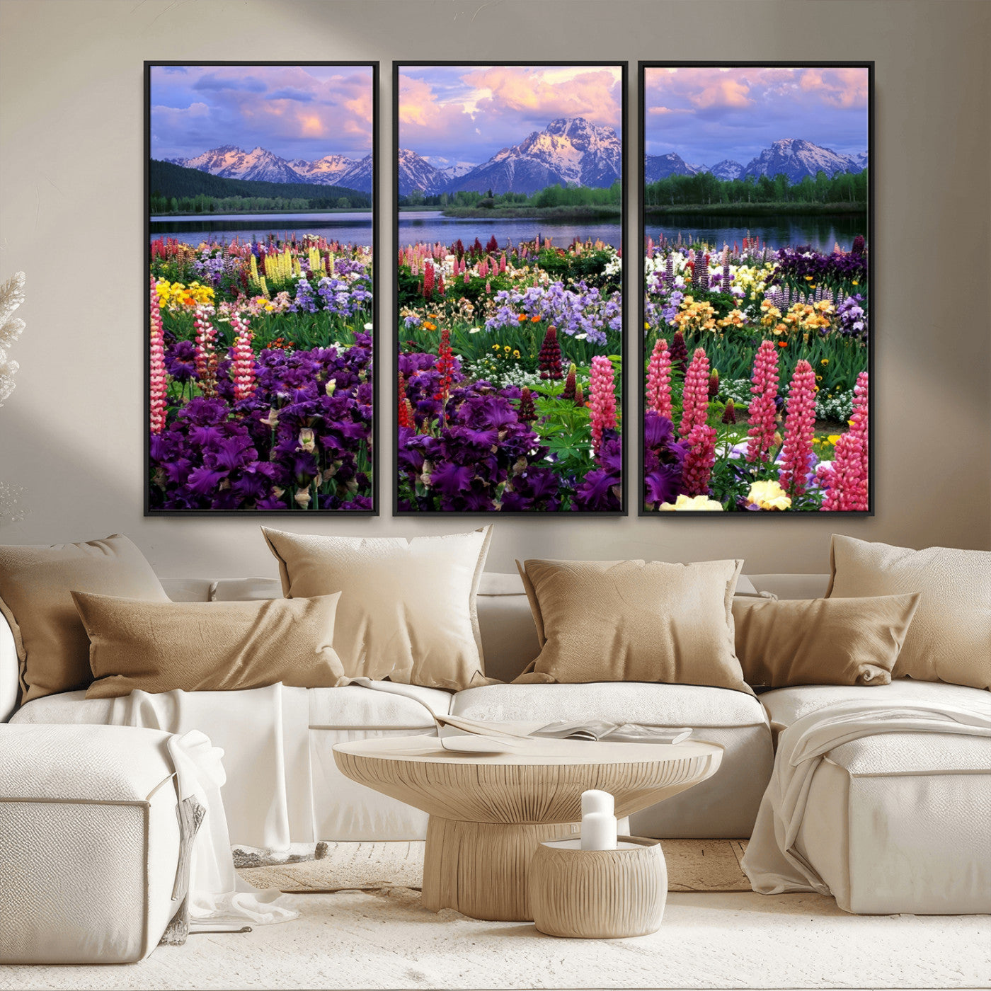 82270-MGV-FC-48X32-3P_Black-Colorful Wildflower Meadow Landscape Wall Art – Snow-Capped Mountain Lake Sunset Print, Vibrant Nature Artwork for Living Room,