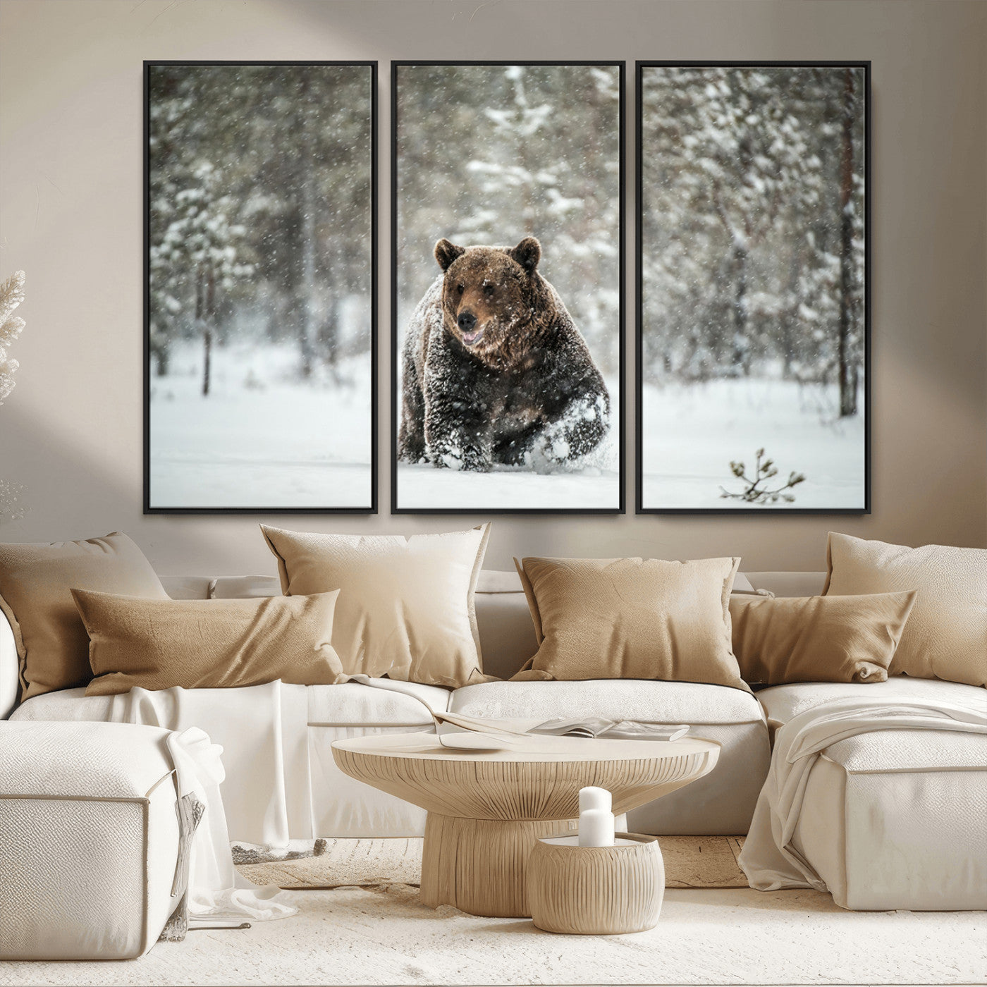 43350-MGV-FC-48X32-3P_Black-Wild Bear in Snow Wall Art – Majestic Wildlife Photography Print, Winter Forest Nature Decor for Cabin, Lodge, Rustic Home,