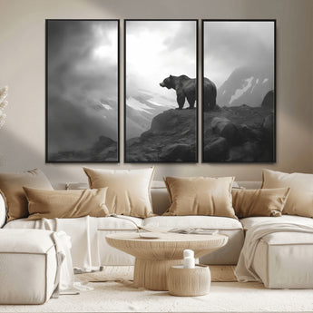 49504-MGV-CV-36X24-Black and White Grizzly Bear Wall Art – Wilderness Wildlife Painting, Rustic Mountain Cabin Decor, Monochrome Animal Print for