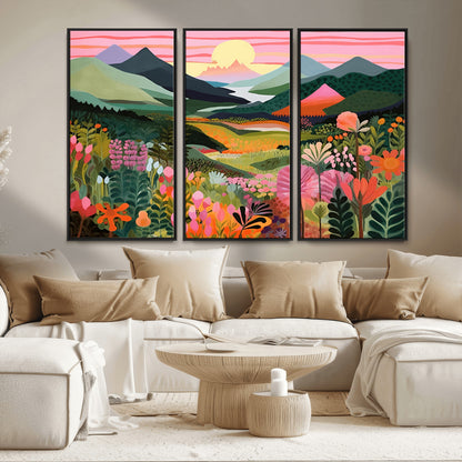 99638-MGV-FC-48X32-3P_Black-Sunset Meadow Wall Art – Panoramic Mountain Landscape with Wildflowers Canvas Print, Vibrant Nature Decor for Living Room, Bedroom