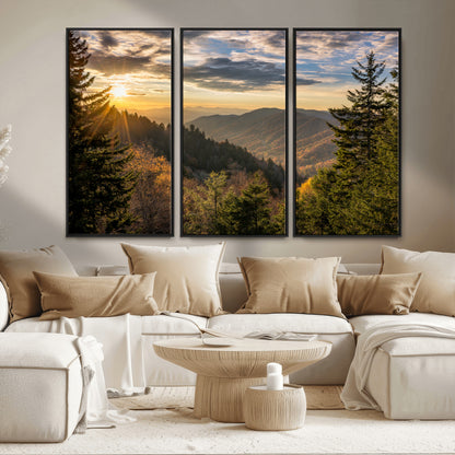 73692479-MGV-FC-48X32-3P_Black-Smoky Mountains Wall Art Canvas Print, Framed Forest Mountain Art Picture Print, Spring Mountain Perfect Spring Style Decor