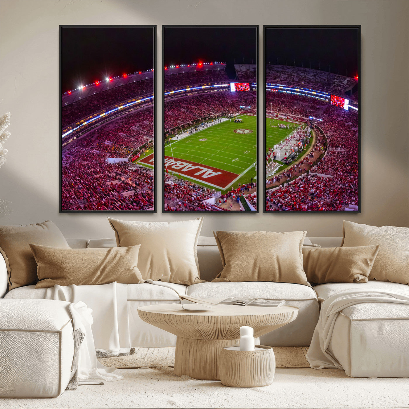 11343-MGV-FC-48X32-3P_Black-Bryant-Denny Stadium Wall Art – Panoramic Alabama Crimson Tide Football Field Canvas Print, Game Day Decor for Office, Man Cave or