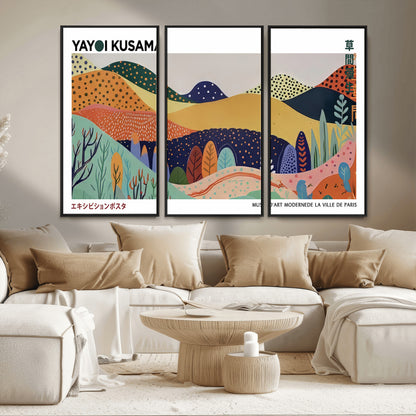 66936-MGV-FC-48X32-3P_Black-Kusama Wall Art – Vibrant Abstract Hills Canvas Print, Japanese Modern Landscape Poster for Living Room, Office, Studio or