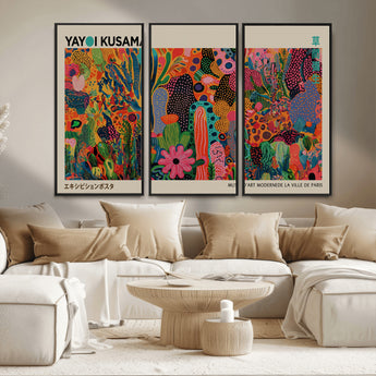 40791-MGV-FC-48X32-3P_Black-Kusama Inspired Wall Art – Vibrant Abstract Floral Jungle Canvas Print, Bold Pop Art Botanical Decor for Living Room, Bedroom, or