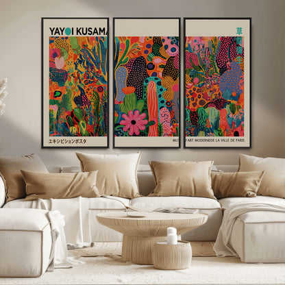40791-MGV-FC-48X32-3P_Black-Kusama Inspired Wall Art – Vibrant Abstract Floral Jungle Canvas Print, Bold Pop Art Botanical Decor for Living Room, Bedroom, or