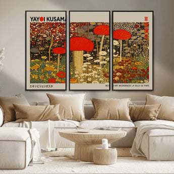 38013-MGV-FC-48X32-3P_Black-Yayoi Kusama Inspired Mushroom Garden Wall Art – Whimsical Botanical Canvas Print, Surreal Nature Poster, Fantasy Floral Artwork