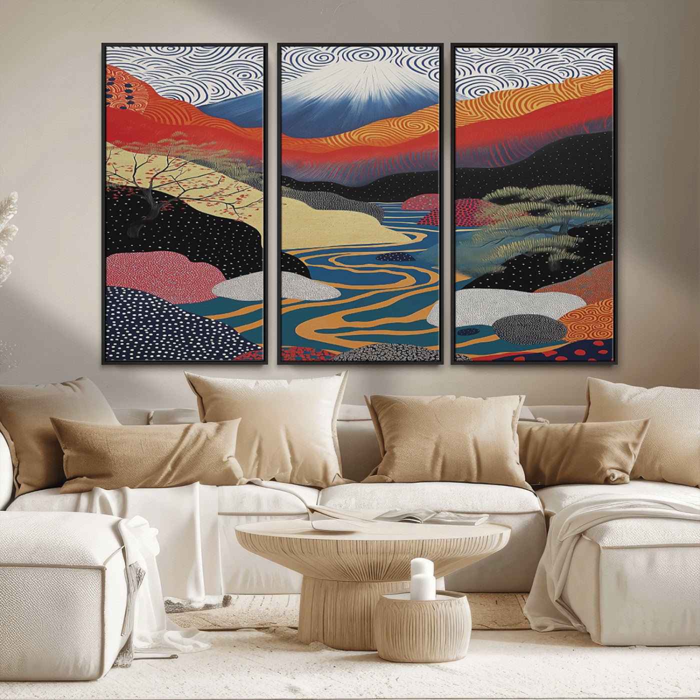 32131-MGV-FC-48X32-3P_Black-Japanese Mount Fuji Wall Art – Abstract Landscape Canvas Print with Swirling Sky & River, Modern Minimalist Asian Inspired Poster