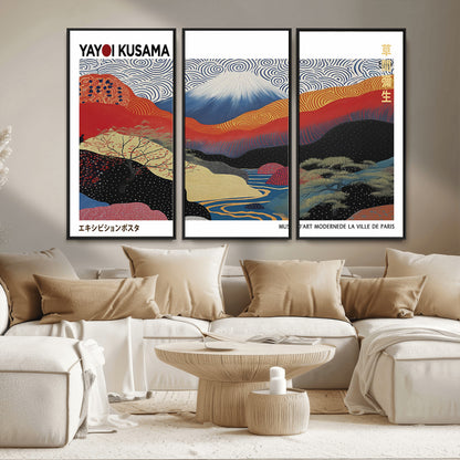 14839-MGV-FC-48X32-3P_Black-Yayoi Kusama Wall Art – Panoramic Mountain & River Canvas Print, Modern Abstract Japanese Landscape Decor for Living Room or