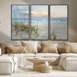 Test1001-MGV-FC-48X32-3P_Black-Coastal Beach Wall Art – Panoramic Ocean Waves and Sandy Dunes Canvas Print, Serene Seascape with Sea Oats for Relaxing Home or