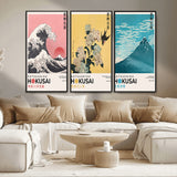 Katsushika-MGV-FC-48X32-3P_Black-Katsushika Hokusai Wall Art Set – The Great Wave, Hydrangea and Swallow, Fine Wind Canvas Prints, Japanese Ukiyo e Style Home and