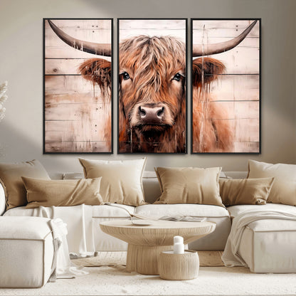 93730-MGV-CV-36X24-Scottish Cow Wall Art Canvas Print, Framed Longhorn Cow Art Picture Print, Highland Cattle Perfect Rustic Farmhouse Decor Artwork