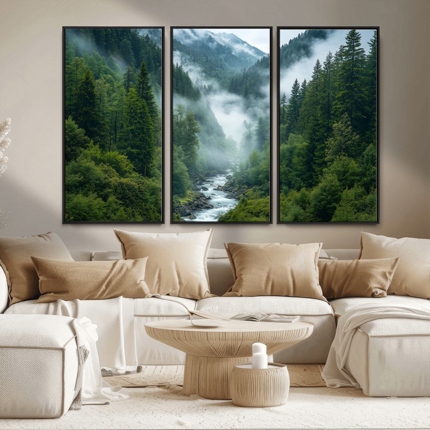 69453-MGV-FC-48X32-3P_Black-Mountain Forest Wall Art – Misty River and Evergreen Landscape Canvas Print, Nature Photography Poster for Living Room, Bedroom,
