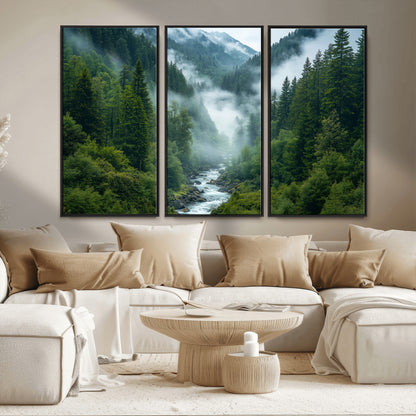 69453-MGV-FC-48X32-3P_Black-Mountain Forest Wall Art – Misty River and Evergreen Landscape Canvas Print, Nature Photography Poster for Living Room, Bedroom,