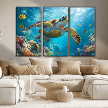 37623-MGV-CV-36X24-Sea Turtle Wall Art – Underwater Ocean Canvas Print with Coral Reef and Tropical Fish, Marine Life Painting Poster for Living