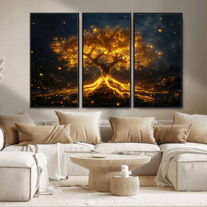 60194-MGV-FC-48X32-3P_Black-Glowing Tree Wall Art – Golden Roots Fantasy Canvas Print, Mystical Illuminated Tree Painting Poster for Living Room, Bedroom,