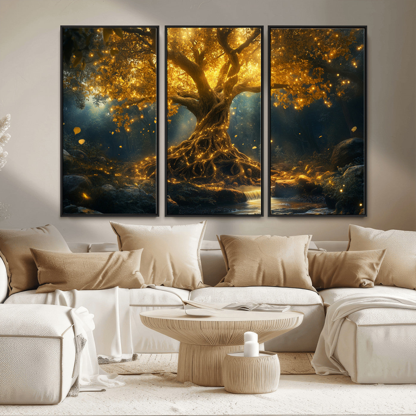 92739-MGV-CV-36X24-Glowing Tree Wall Art – Enchanted Golden Forest Canvas Print, Mystical Illuminated Nature Painting Poster for Living Room,