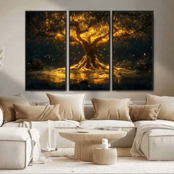 59580-MGV-CV-36X24-Glowing Tree Wall Art – Golden Fantasy Nature Canvas Print, Mystical Illuminated Tree Painting Poster for Living Room, Bedroom,