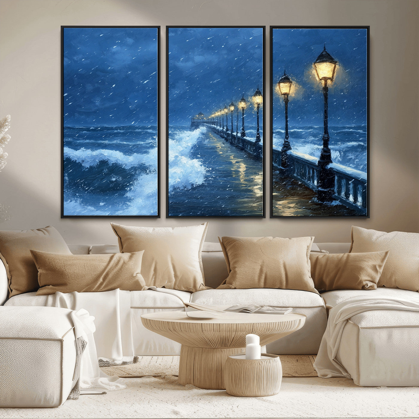32668-MGV-FC-48X32-3P_Black-Stormy Pier Wall Art – Ocean Waves and Street Lamps Canvas Print, Rainy Night Seascape Oil Painting Poster for Living Room,