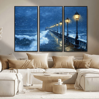 32668-MGV-FC-48X32-3P_Black-Stormy Pier Wall Art – Ocean Waves and Street Lamps Canvas Print, Rainy Night Seascape Oil Painting Poster for Living Room,