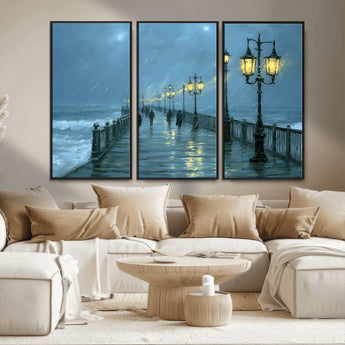 79606-MGV-CV-36X24-Rainy Pier Night Wall Art – Ocean Waves and Street Lamps Canvas Print, Moody Seascape Oil Painting Poster for Living Room,