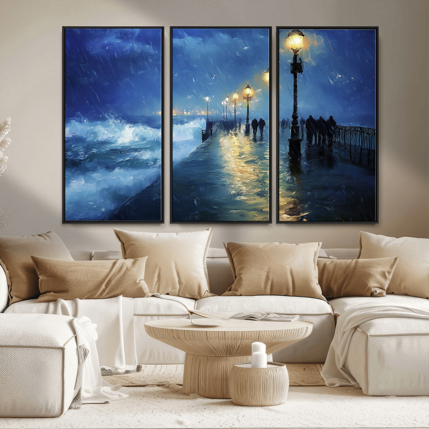 94571-MGV-FC-48X32-3P_Black-Seaside Night Wall Art – Ocean Waves and Street Lamps Canvas Print, Rainy City Pier Oil Painting Poster for Living Room, Bedroom,