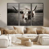 69238-MGV-FC-48X32-3P_Black-Longhorn Bull Wall Art – Rustic Black and White Texas Cattle Canvas Print, Western Farmhouse Animal Photography for Living Room,
