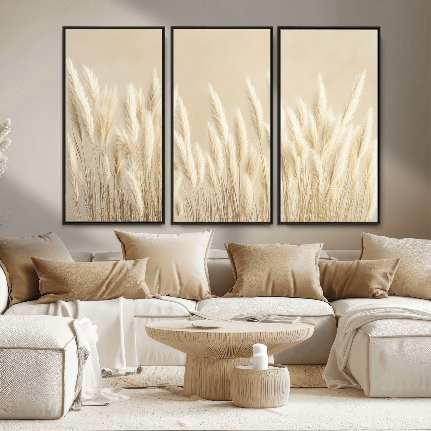 81444-MGV-CV-36X24-Pampas Grass Wall Art Canvas Print, Framed Beige Pampas Grass Art Picture Print, Minimalist Beige Perfect Minimalist Nature Decor