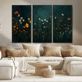 87037-MGV-CV-36X24-Wildflower Wall Art – Dark Botanical Floral Canvas Print, Modern Nature Painting Poster with Daisies Poppies Orange Flowers for