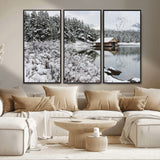 29975-MGV-CV-36X24-Winter Cabin by the Lake Wall Art – Snowy Mountain Landscape Canvas Print, Rustic Lodge Cabin Decor for Cozy Living Room, Bedroom