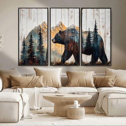 90077-MGV-CV-36X24-Wood Grizzly Bear Wall Art Canvas Print, Framed Abstract Bear Art Picture Print, Bear in Forest Perfect Rustic Lodge Decor Artwork