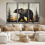 83875-MGV-CV-36X24-Sunset Bear Wall Art – Rustic Wildlife Canvas Print with Forest Silhouette, Cabin Lodge Decor for Living Room or Office