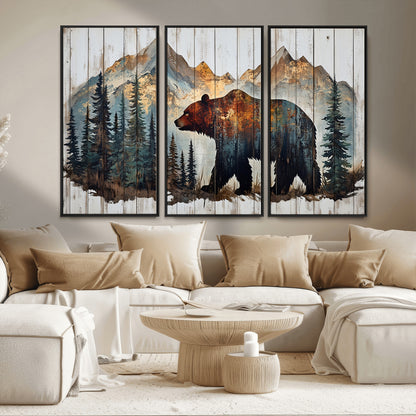 55777-MGV-CV-36X24-Rustic Bear Wall Art Canvas Print, Framed Mountain and Forest Art Picture Print, Wooden Bear Perfect Rustic Lodge Decor Artwork