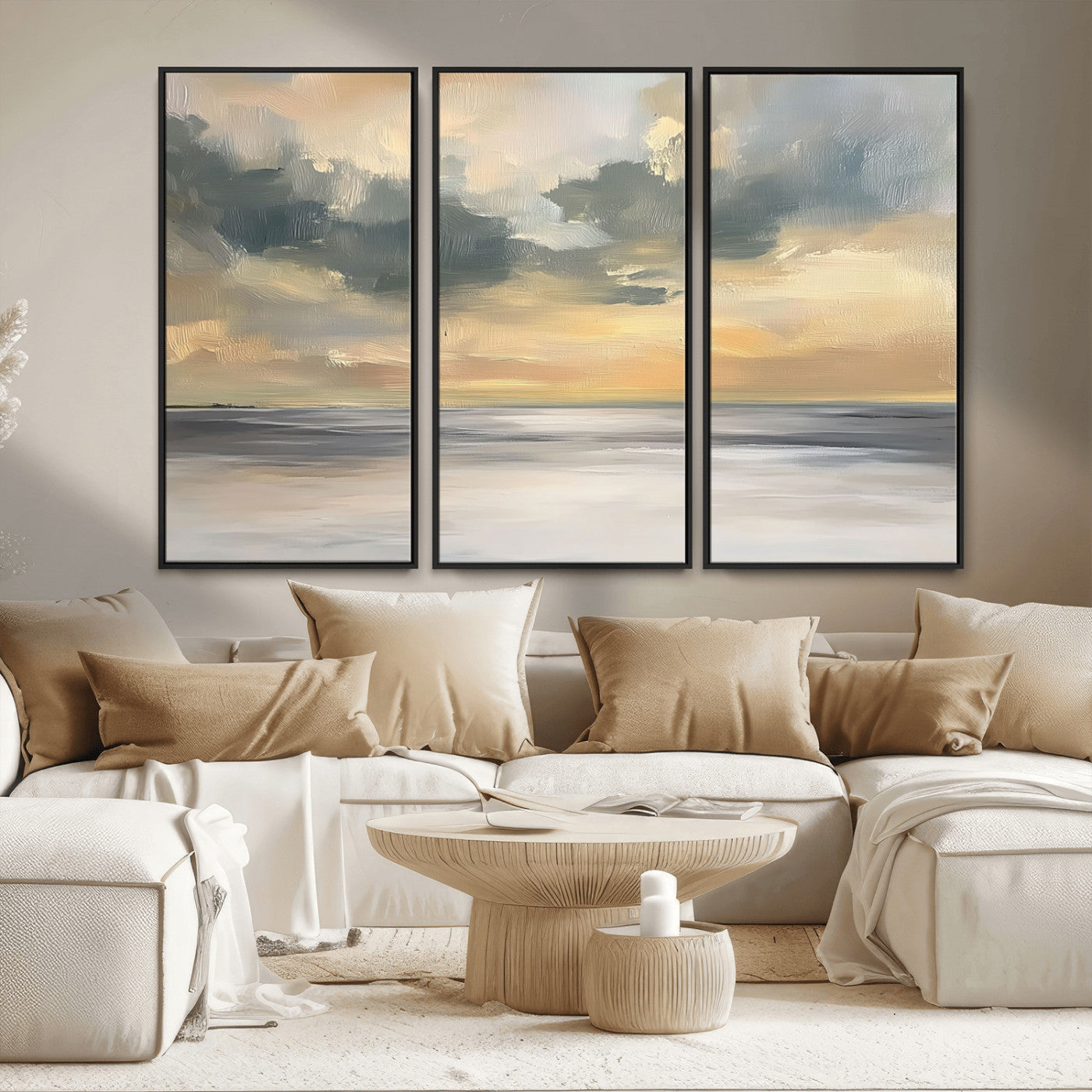 45544-MGV-FC-48X32-3P_Black-Ocean Sunset Wall Art – Serene Seascape Canvas Print with Golden Sky and Calm Water, Coastal Beach Artwork for Living Room,