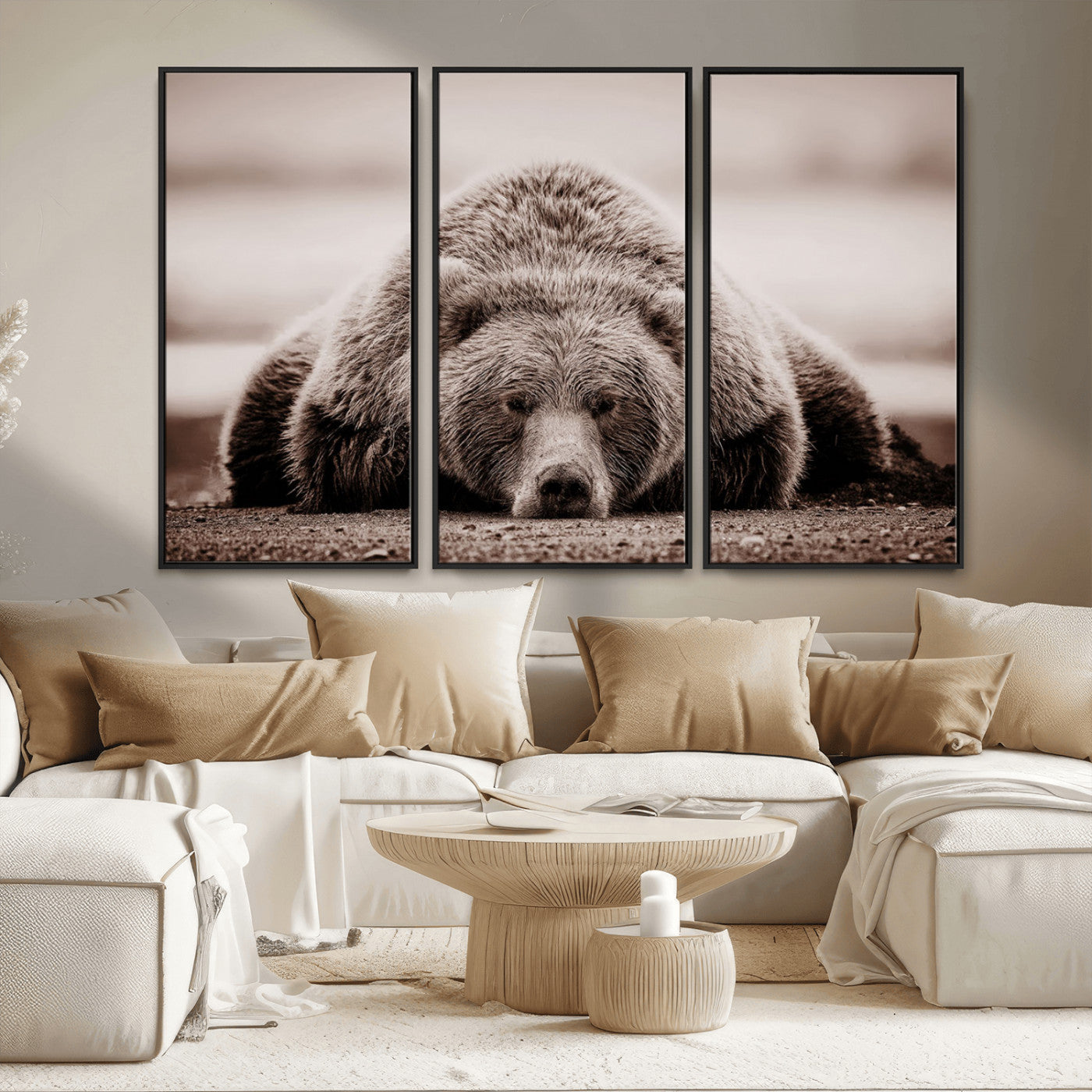 20611-MGV-FC-48X32-3P_Black-Grizzly Bear Wall Art – Majestic Wildlife Sepia Canvas Print, Rustic Nature Animal Artwork for Cabin, Lodge, Living Room, Bedroom,