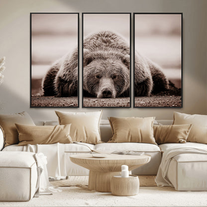 20611-MGV-FC-48X32-3P_Black-Grizzly Bear Wall Art – Majestic Wildlife Sepia Canvas Print, Rustic Nature Animal Artwork for Cabin, Lodge, Living Room, Bedroom,
