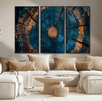 65231-MGV-CV-36X24-Blue and Gold Tree Ring Wall Art – Rustic Abstract Wood Slice Canvas Print, Modern Nature Inspired Artwork for Living Room,