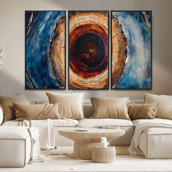 30457-MGV-FC-48X32-3P_Black-Tree Ring Abstract Wall Art – Blue and Brown Wood Grain Canvas Print, Modern Nature Inspired Painting for Rustic Living Room,