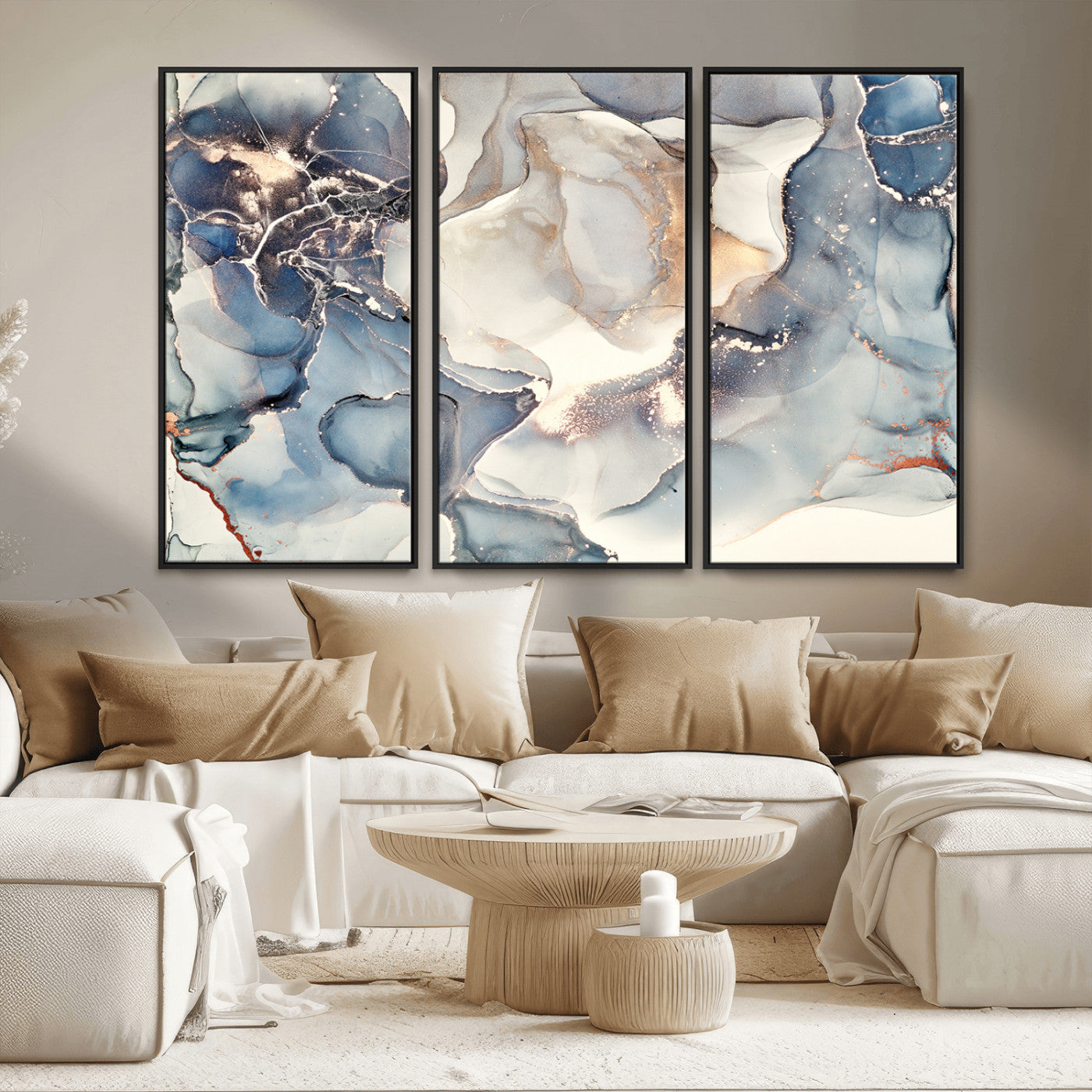 51497-MGV-CV-36X24-Abstract Blue and Gold Wall Art – Modern Fluid Ink Style Canvas Print, Elegant Contemporary Decor for Living Room, Office