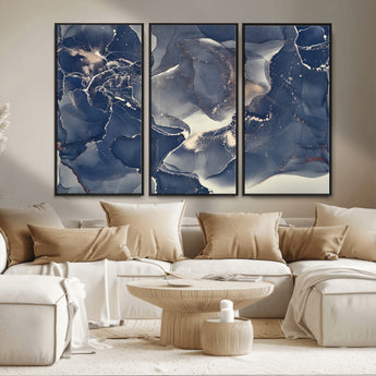 28282-MGV-FC-48X32-3P_Black-Blue Abstract Wall Art – Modern Ink Swirl Canvas Print, Contemporary Navy and Gold Painting for Living Room, Bedroom, Office or