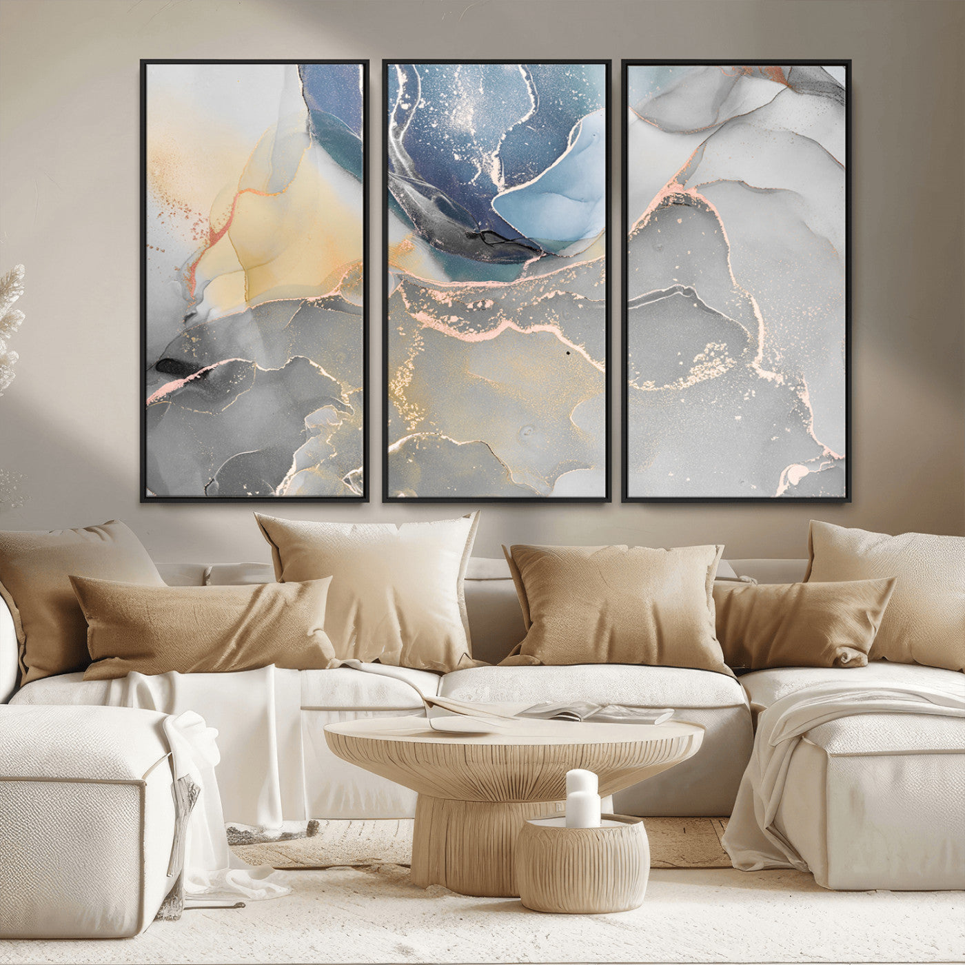 18176-MGV-CV-36X24-Abstract Fluid Wall Art – Modern Marble Ink Canvas Print with Blue, Gold, and Gray Tones, Contemporary Minimal Artwork Decor for