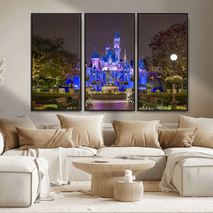 63560-MGV-FC-48X32-3P_Black-Fairy Tale Castle Wall Art – Magical Night Scene Canvas Print with Lights and Gardens, Fantasy Architecture Artwork for Living