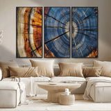 10583-MGV-FC-48X32-3P_Black-Tree Ring Wall Art – Abstract Wood Grain Canvas Print with Blue and Brown Tones, Nature Inspired Rustic Artwork for Living Room,