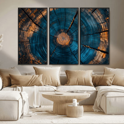 13398-MGV-CV-36X24-Tree Ring Wall Art – Abstract Wood Grain Canvas Print with Blue and Orange Accents, Rustic Nature Inspired Artwork for Living