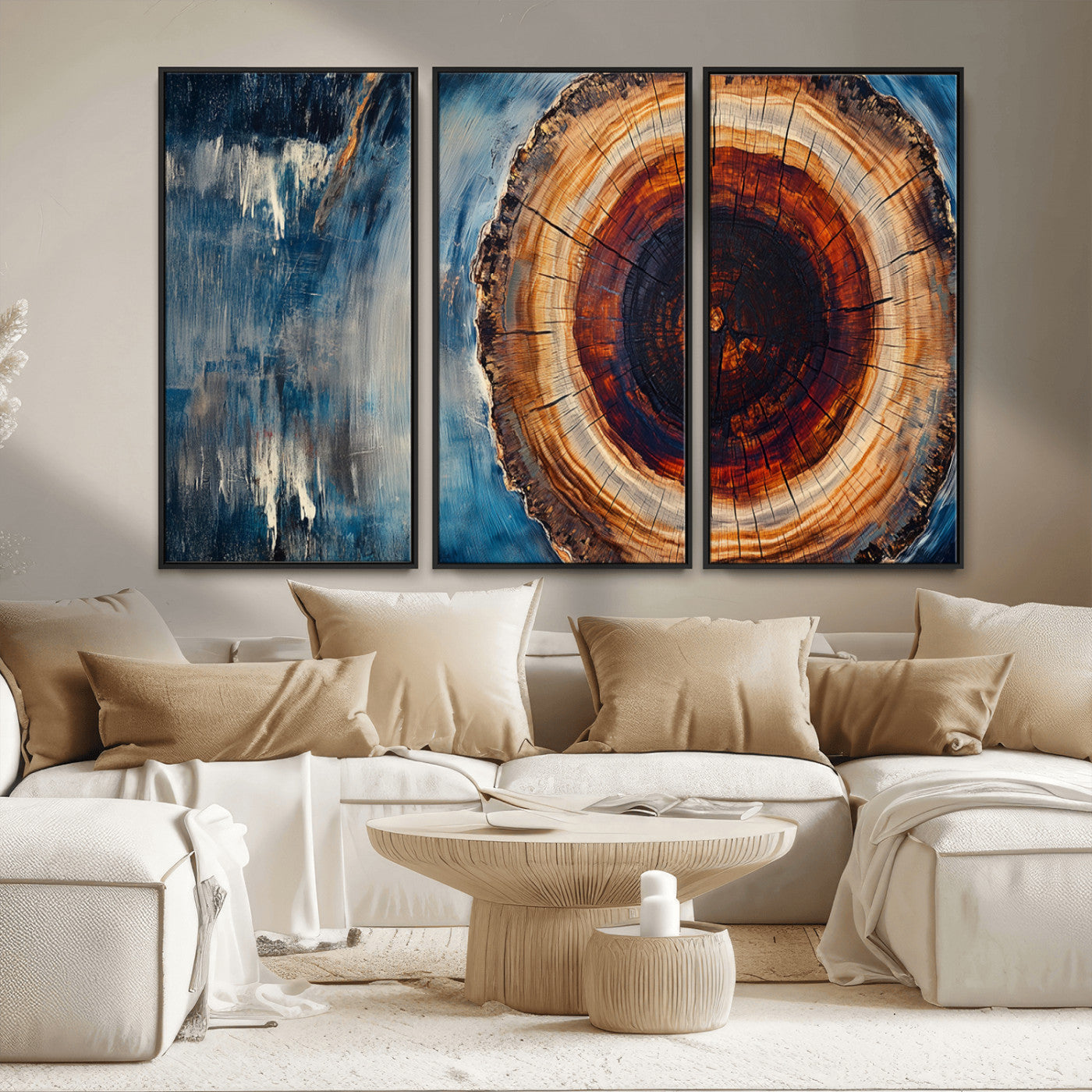 48045-MGV-CV-36X24-Tree Ring Abstract Wall Art – Rustic Wood Grain Canvas Print with Brown Center and Blue Brush Strokes, Nature Inspired Artwork for