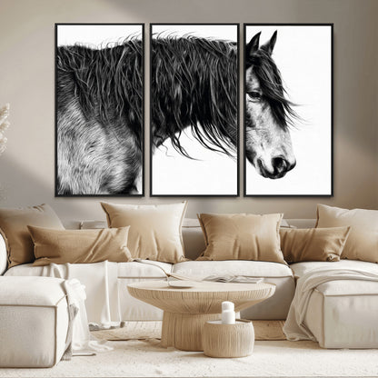 57694-MGV-FC-48X32-3P_Black-Horse Portrait Wall Art – Black and White Canvas Print with Detailed Stallion Profile, Rustic Farmhouse Equestrian Artwork for