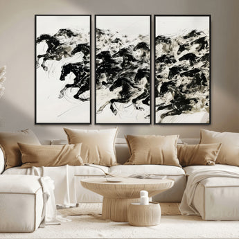 23069-MGV-FC-48X32-3P_Black-Galloping Horses Wall Art – Black Ink Painting on Canvas, Dynamic Equestrian Artwork with Running Stallions, Expressive Modern