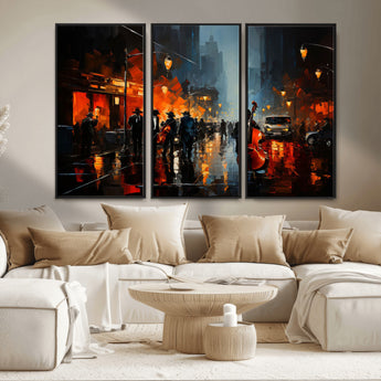 32816-MGV-CV-36X24-City Jazz Night Wall Art – Modern Abstract Urban Street Scene Canvas Print, Moody Music-Themed Decor for Living Room, Office, or