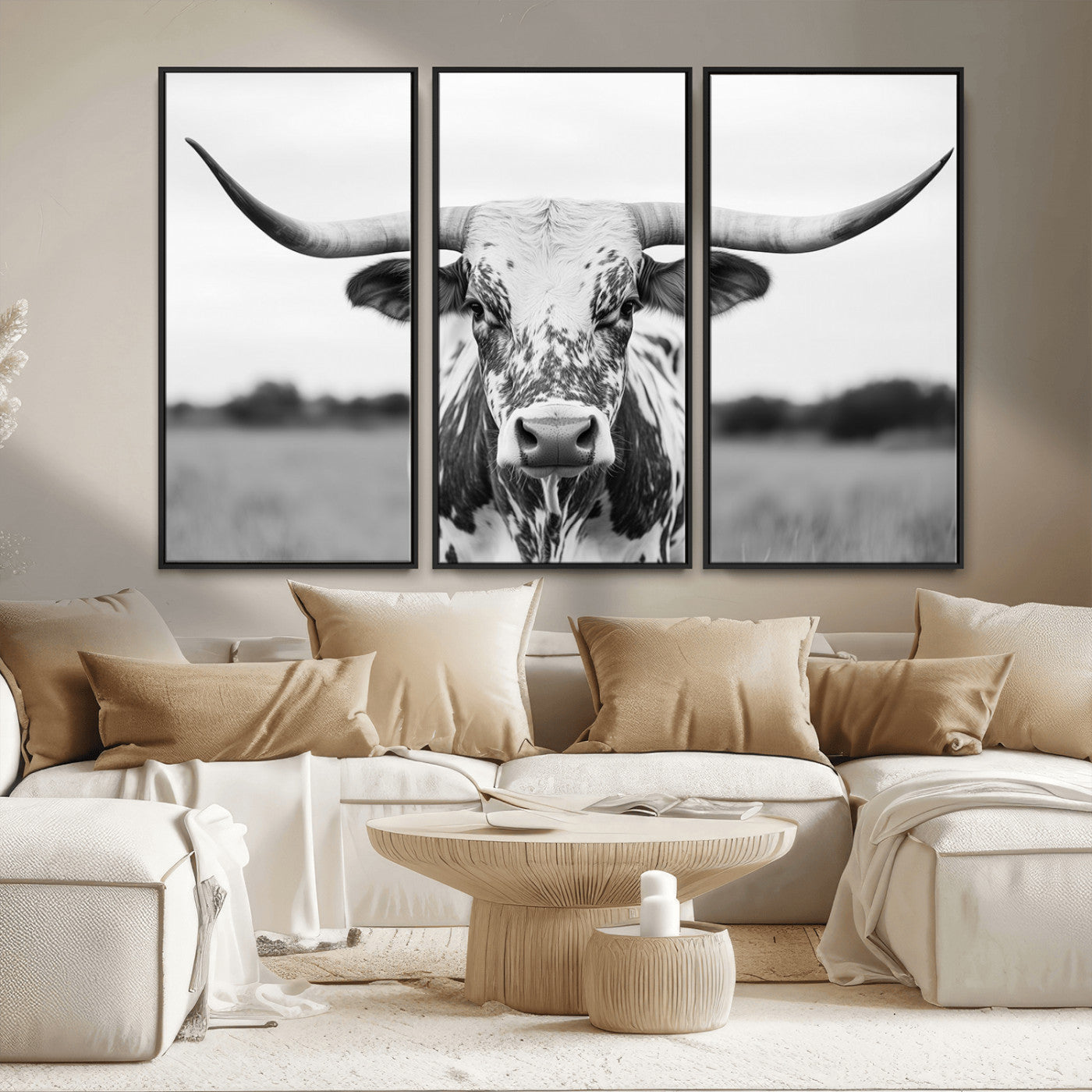 20272-MGV-CV-36X24-Highland Cow Wall Art – Black and White Western Longhorn Canvas Print, Farmhouse Living Room Decor Southwestern Animal Artwork for